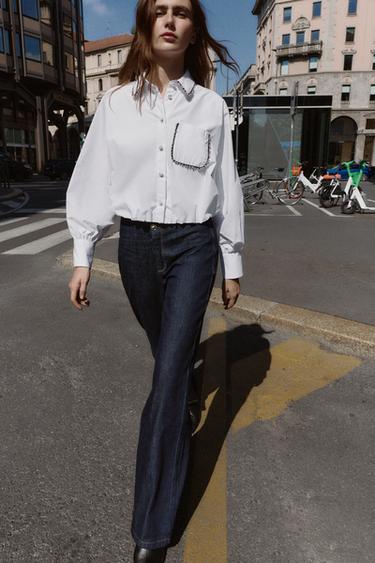 قميص بوبلين بالون بالخرز - أبيض by Zara