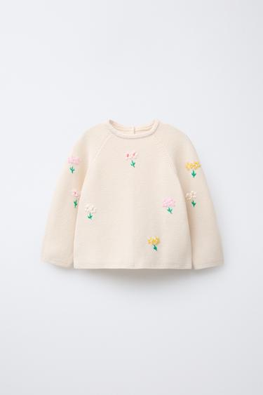 EMBROIDERED FLORAL LINKS KNIT SWEATER - Vanilla by Zara