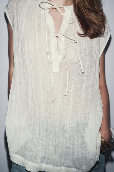 BLOUSE EN LIN À NŒUDS ZW COLLECTION - Blanc cassé de Zara - Image 2