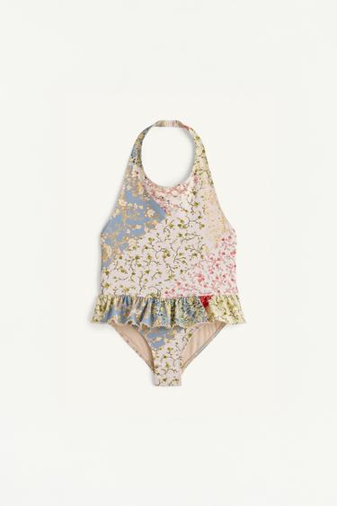 Zara LIMITED EDITION PATCHWORK HALTER SWIMSUIT - Ecru / Marl