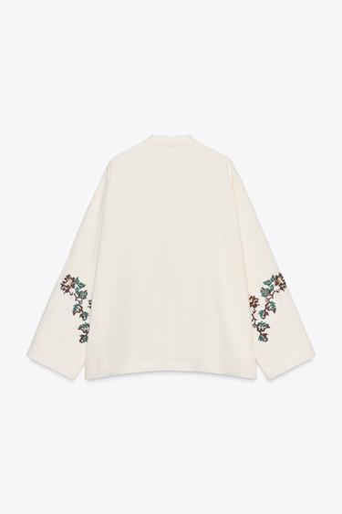 100% LINEN EMBROIDERED KIMONO - Ecru by Zara - Image 5