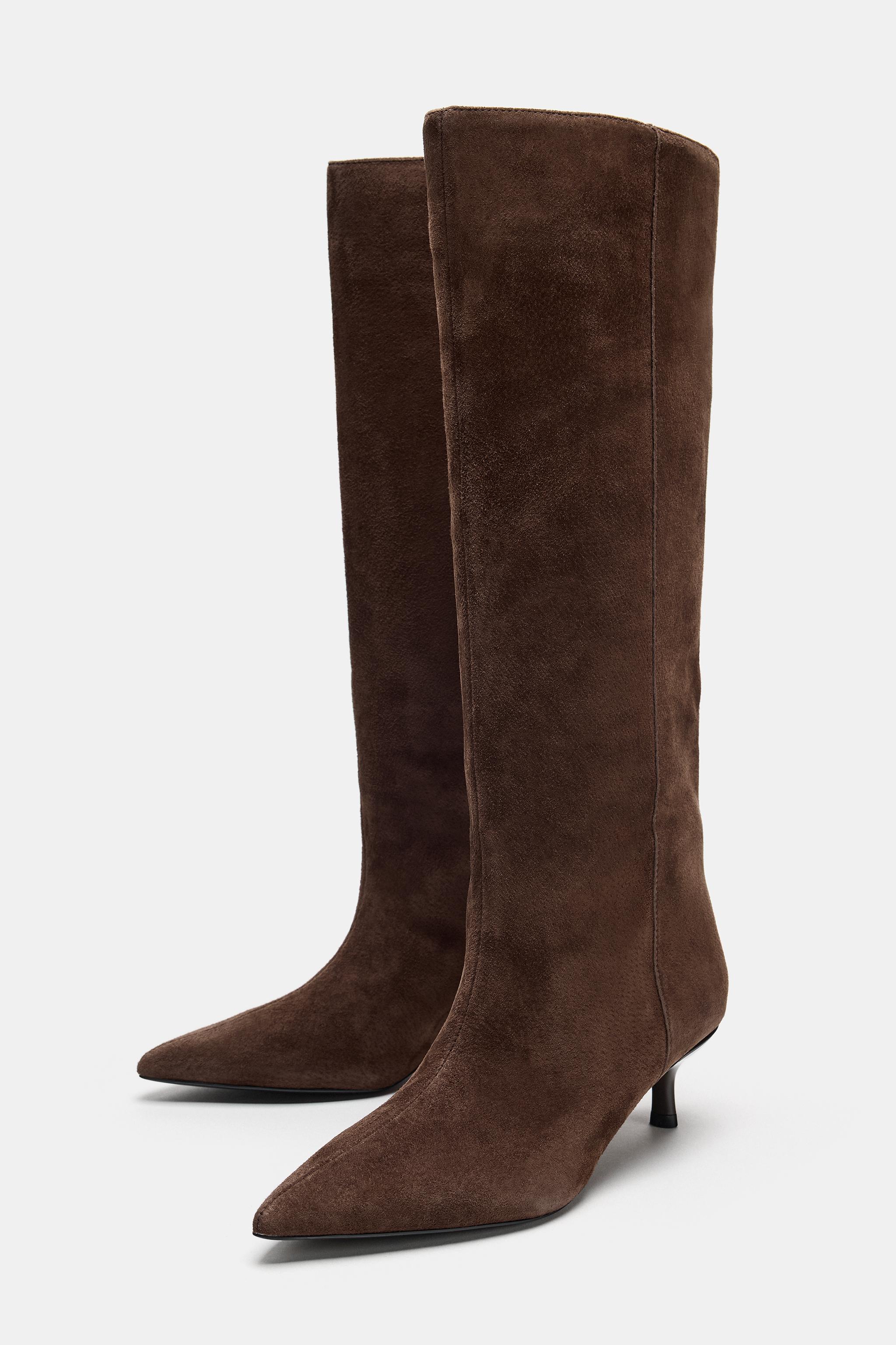 Женские ботинки Zara LEATHER KITTEN HEEL BOOTS — фото 5