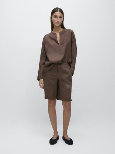 Zara 100% linen short Bermuda shorts - Brown - Image 0