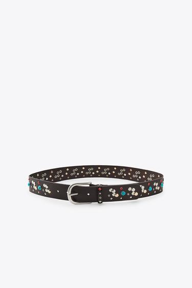 LEATHER BELT WITH STONES AND STUDS - Brown by Zara