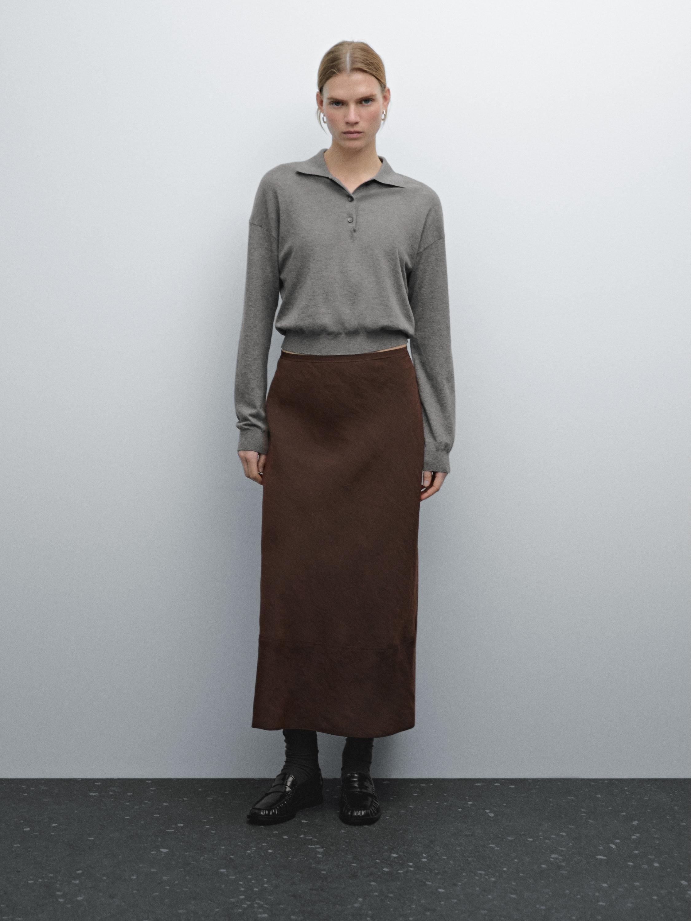 Lace-trimmed midi skirt with seam detail - Chocolate | ZARA