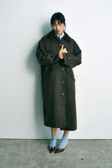 코듀로이 칼라 왁스가공 트렌치 코트 - Zara 짙은 녹색
