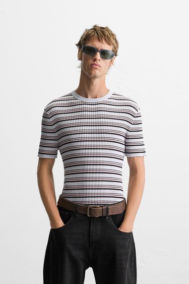 Zara STRIPED RIBBED KNIT T-SHIRT - striped