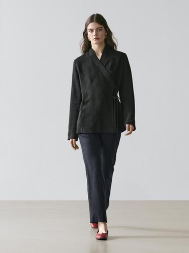 Zara Straight-leg linen blend trousers - Navy blue