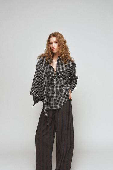 ZW COLLECTION OVERSIZE CHECK SHIRT WITH SCARF - Blue by Zara - Image 0