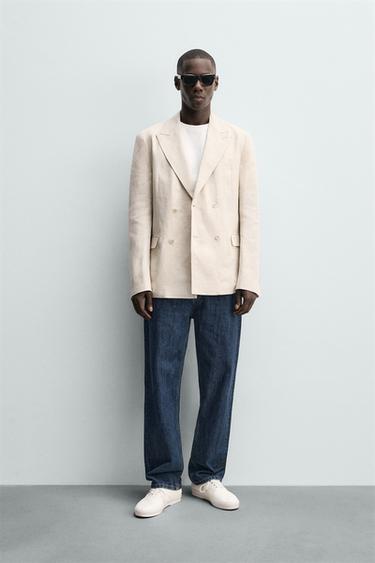 Zaras DUBBELKNÄPPT KAVAJ I 100 % LINNE - Ljust beige