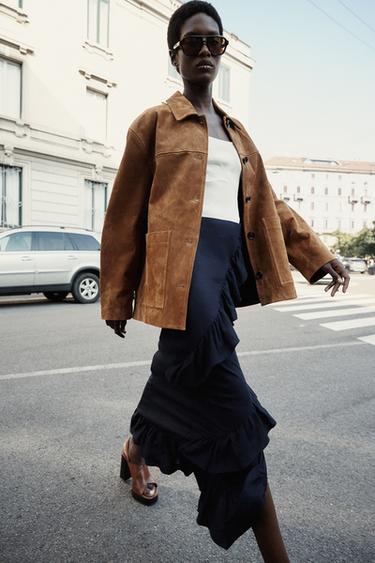 RUFFLED LINEN BLEND MIDI SKIRT - Navy blue by Zara