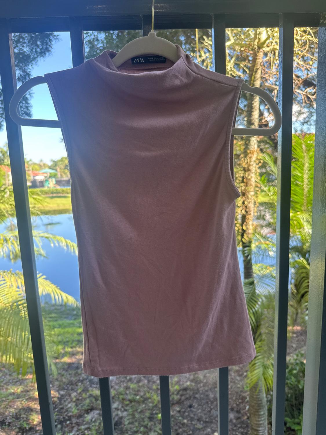 Pink sleeveless t-shirt hanging on a white hanger in front of a landscape with trees and a lake in the background. Visible tag: Zara.