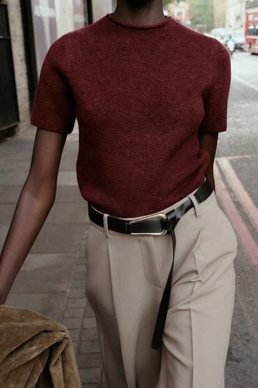 SHORT SLEEVE KNIT SWEATER - Burgundy by Zara - Image 1