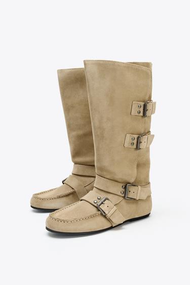 SPLIT SUEDE BUCKLED BOOTS - Sand Brown by Zara - Image 1