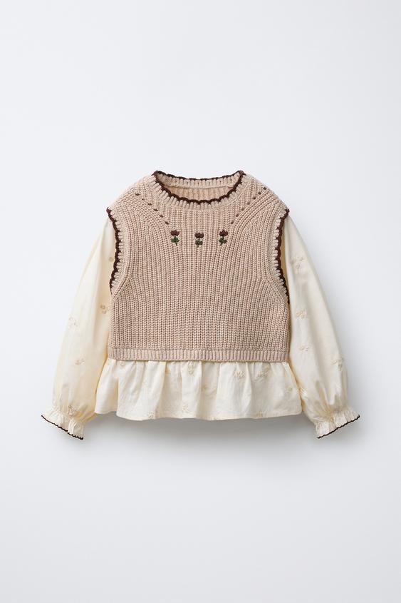 CAMISA COM BORDADOS DE FLORES E COLETE DE TRICÔ COMBINADO - Bege-claro da Zara - Imagem 0