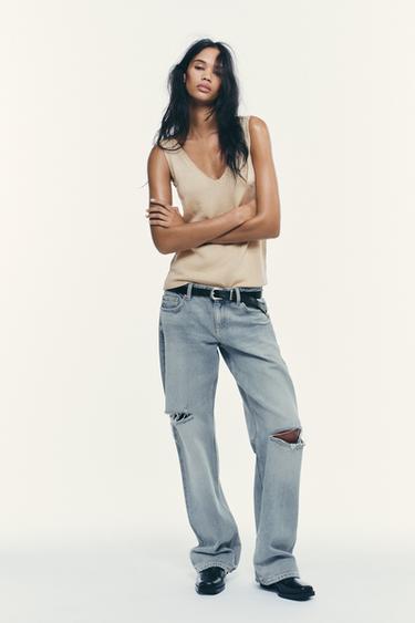 Zara TRF LOW RISE RIPPED WIDE LEG JEANS - Blue gray