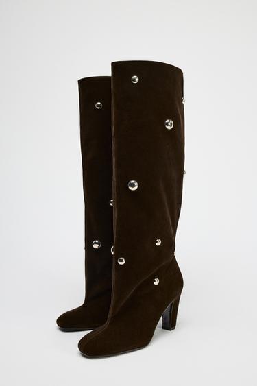 VELVET EFFECT STUDDED BOOTS - Brown by Zara - Image 2