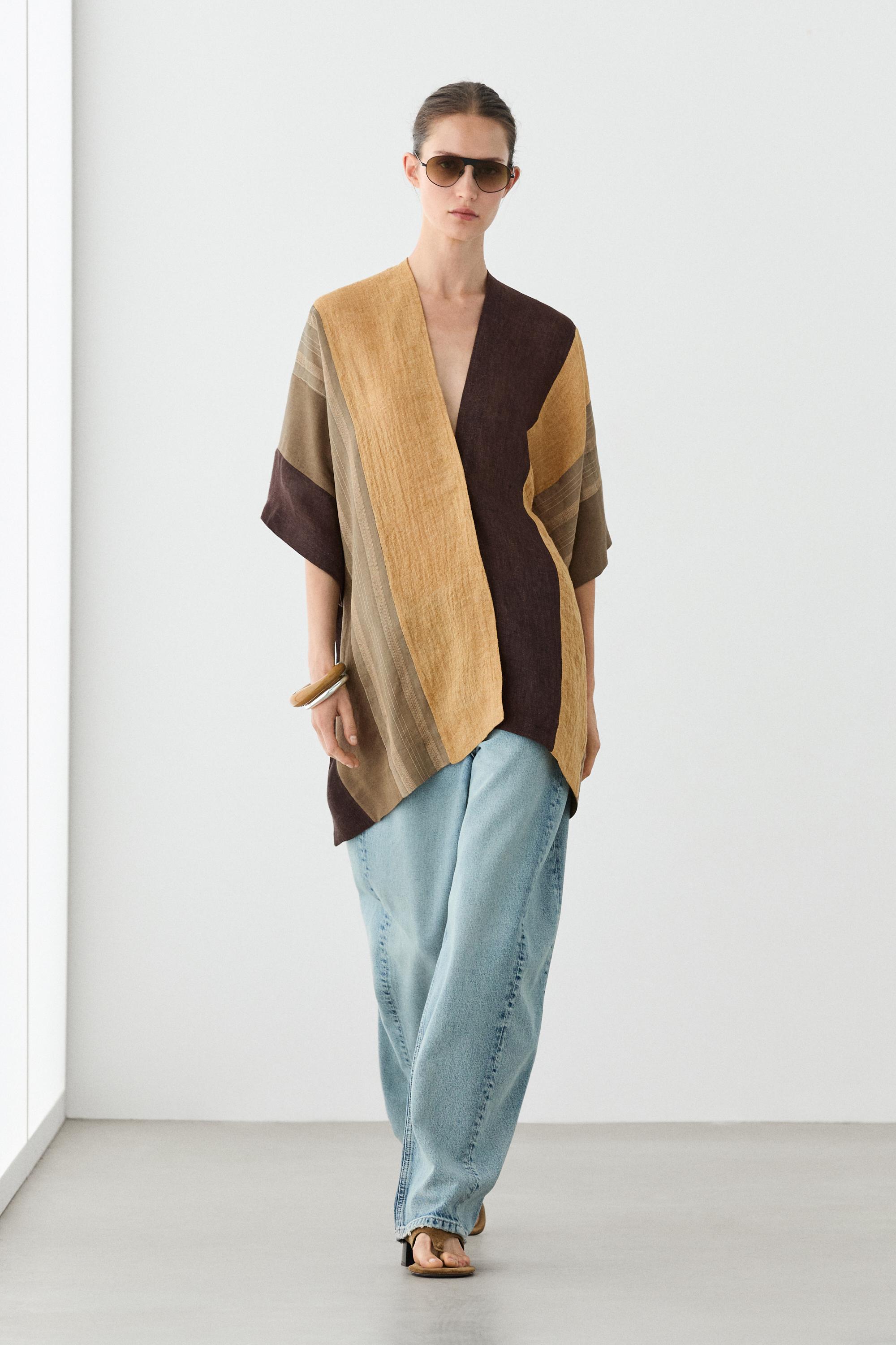 Flowing striped linen blend cape — Light khaki
