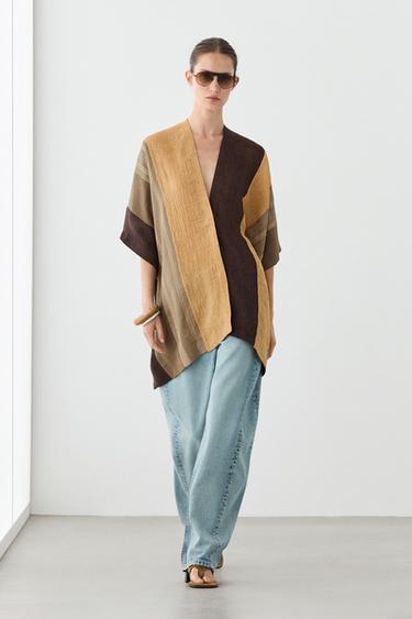 Capa fluida rayas mezcla lino - Khaki claro de Zara - Imagen 0