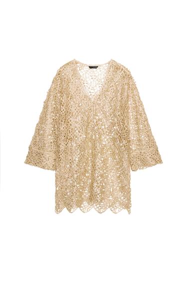 بلوزة كبيرة الحجم بتطريز مخرم وخيط ممعدن - ذهبي الخاص بـ Zara