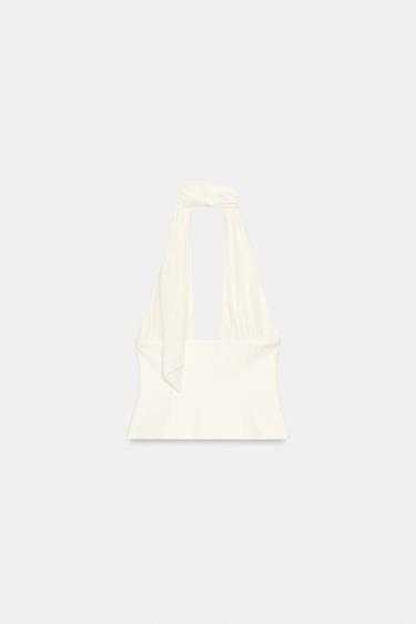 Zara COMBINATION TULLE HALTER TOP - Oyster-white