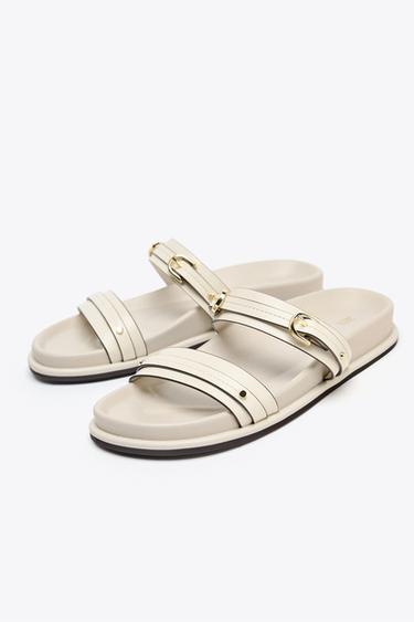 BUCKLED FLAT SLIDER SANDALS - Ecru White by Zara - Image 3