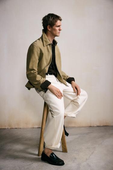 Zara SUEDE LEATHER JACKET - Light khaki