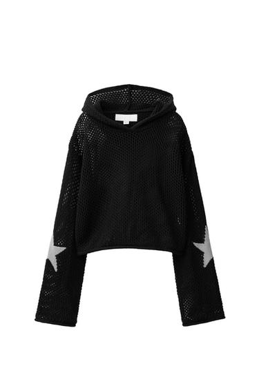 PLETEN PULOVER S KAPUCO IN ZVEZDO - Črna od Zare