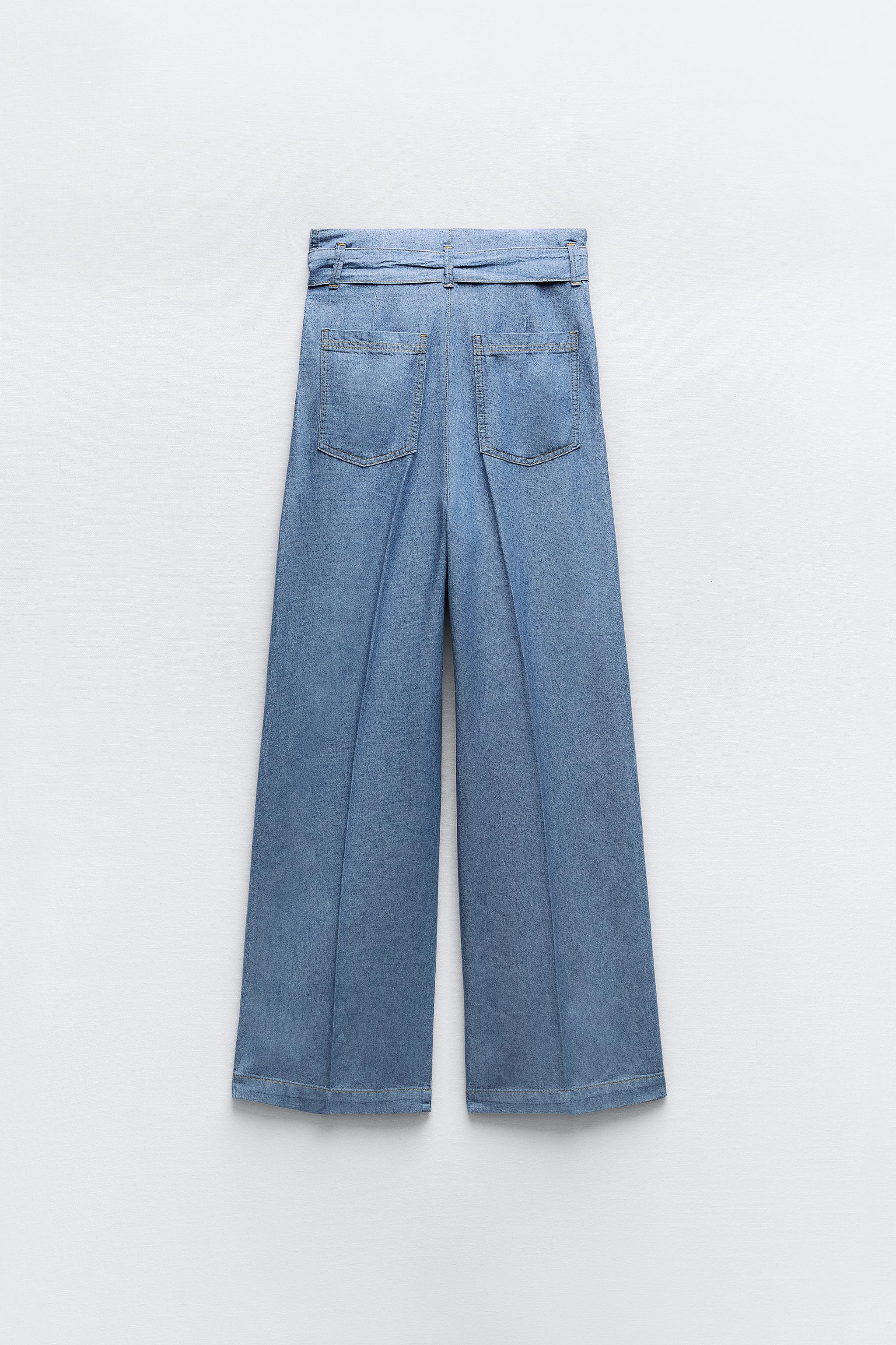 DENIM WIDE LEG PAPERBAG PANTS - Light blue