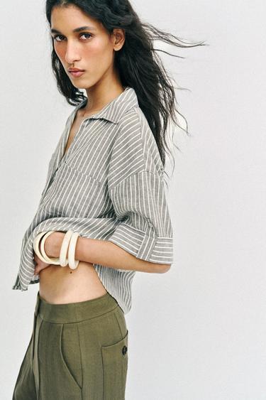 STRIPED LINEN BLEND SHIRT - Khaki by Zara - Image 3