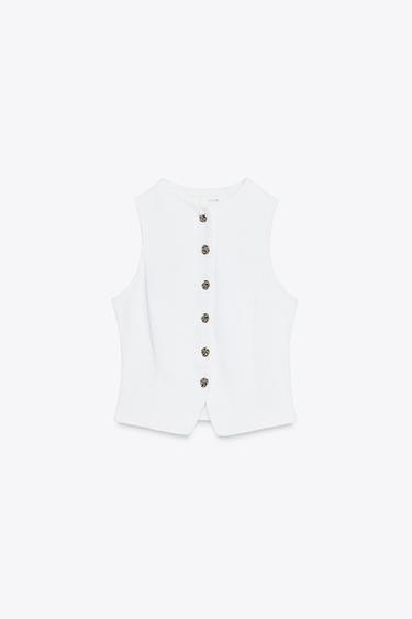 Zara Z1975 GOLD BUTTON DENIM VEST - White