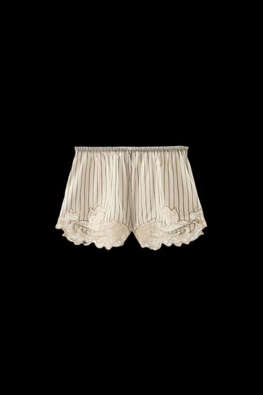 GESTREIFTE SHORTS MIT SPITZENSTICKEREI - Cremefarben / Schwarz von Zara - Bild 0