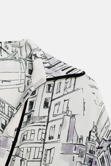 PRINTED BLOUSE WITH PIPING - Ecru / Black by Zara - Image 7