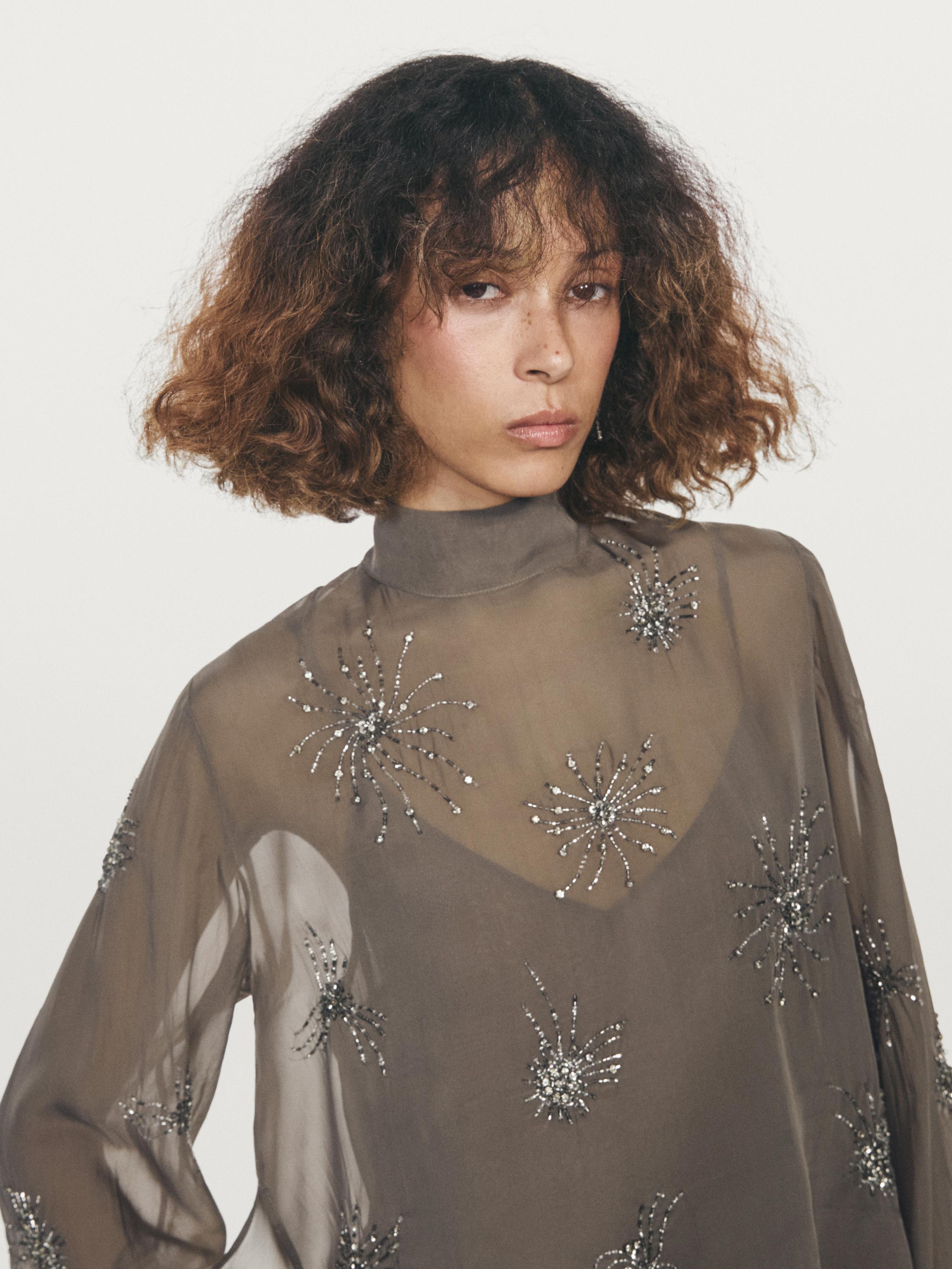 Embroidered semi-sheer blouse