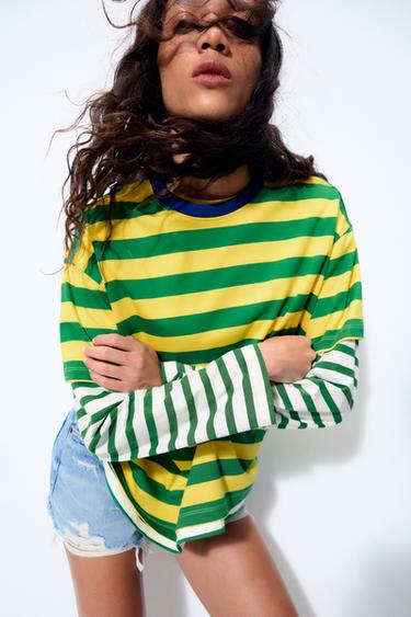CAMISETA OVERSIZE LISTRADA - Risca verde da Zara