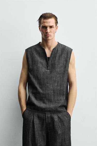 COTTON - LINEN TANK SHIRT - Black / White by Zara