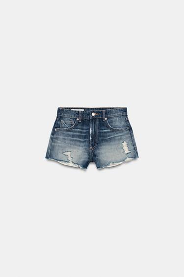 Zara TRF RIPPED HIGH-WAISTED DENIM SHORTS - Navy blue