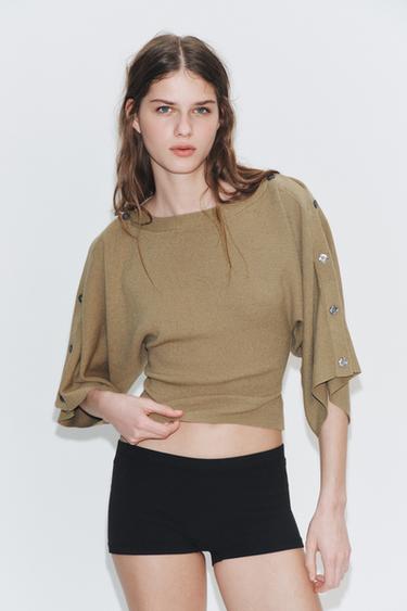 Zara PLETENI DŽEMPER SA RUKAVIMA I DUGMIĆIMA – svetlobež