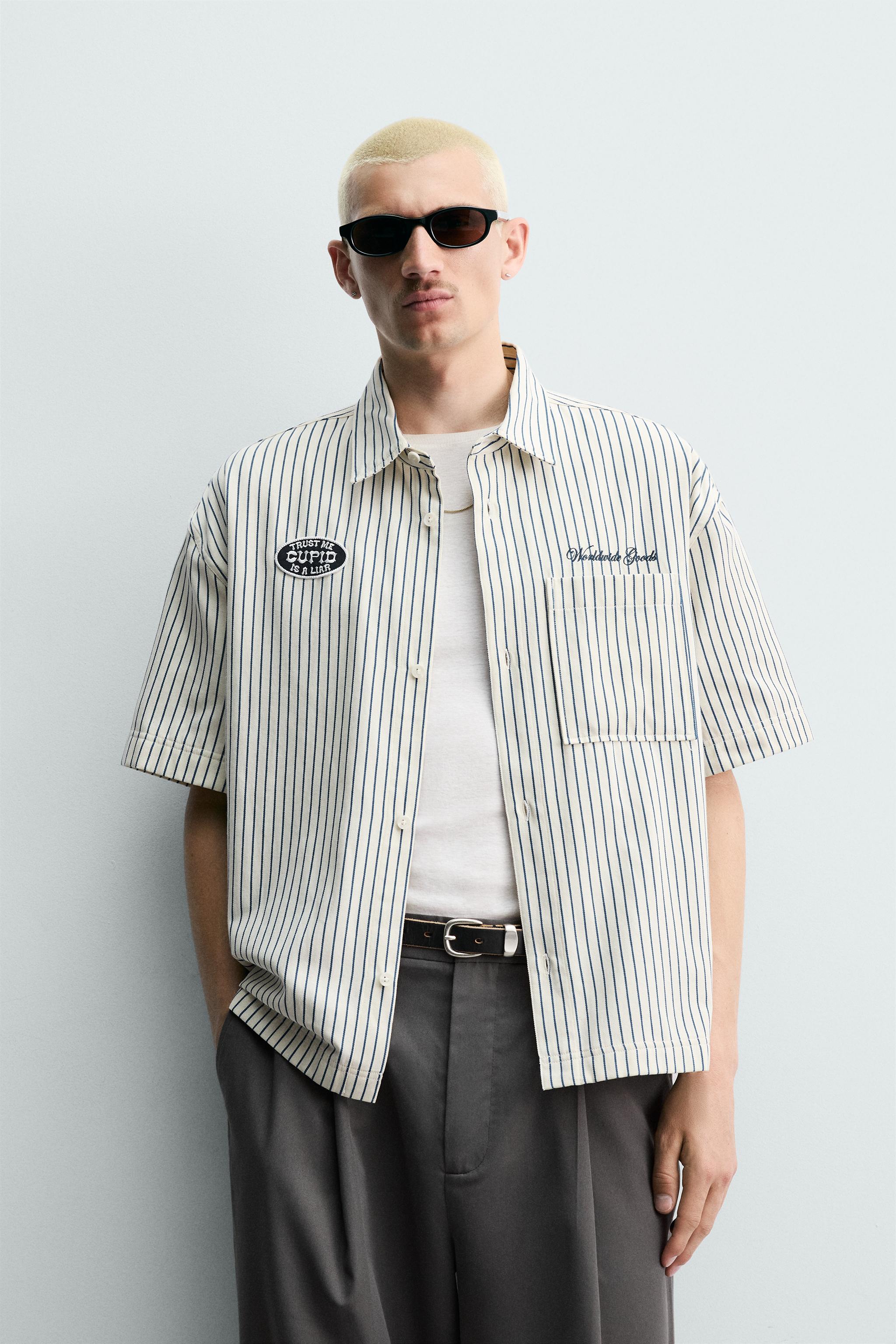 STRIPED OVERSHIRT WITH CONTRAST PATCH - Blue | ZARA Turkey