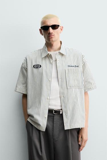 Zara CONTRAST STRIPED PATCH OVERSHIRT - Blue