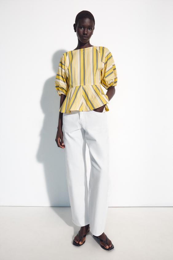 CAMISA RAYAS PEPLUM MANGA ABULLONADA - amarillo de Zara - Imagen 0