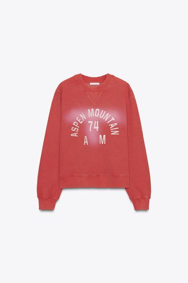 Zara WASHED EFFECT TEXT SWEATSHIRT - Red