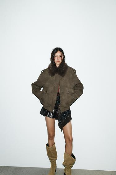 Zara REMOVABLE COLLAR FAUX SUEDE JACKET - Khaki - Image 0