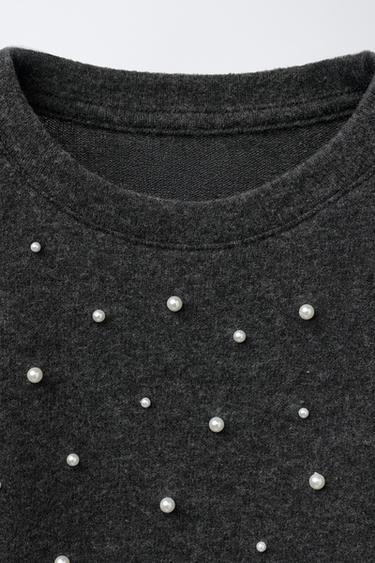 SOFT-TOUCH FAUX PEARL T-SHIRT - Anthracite grey by Zara - Image 2