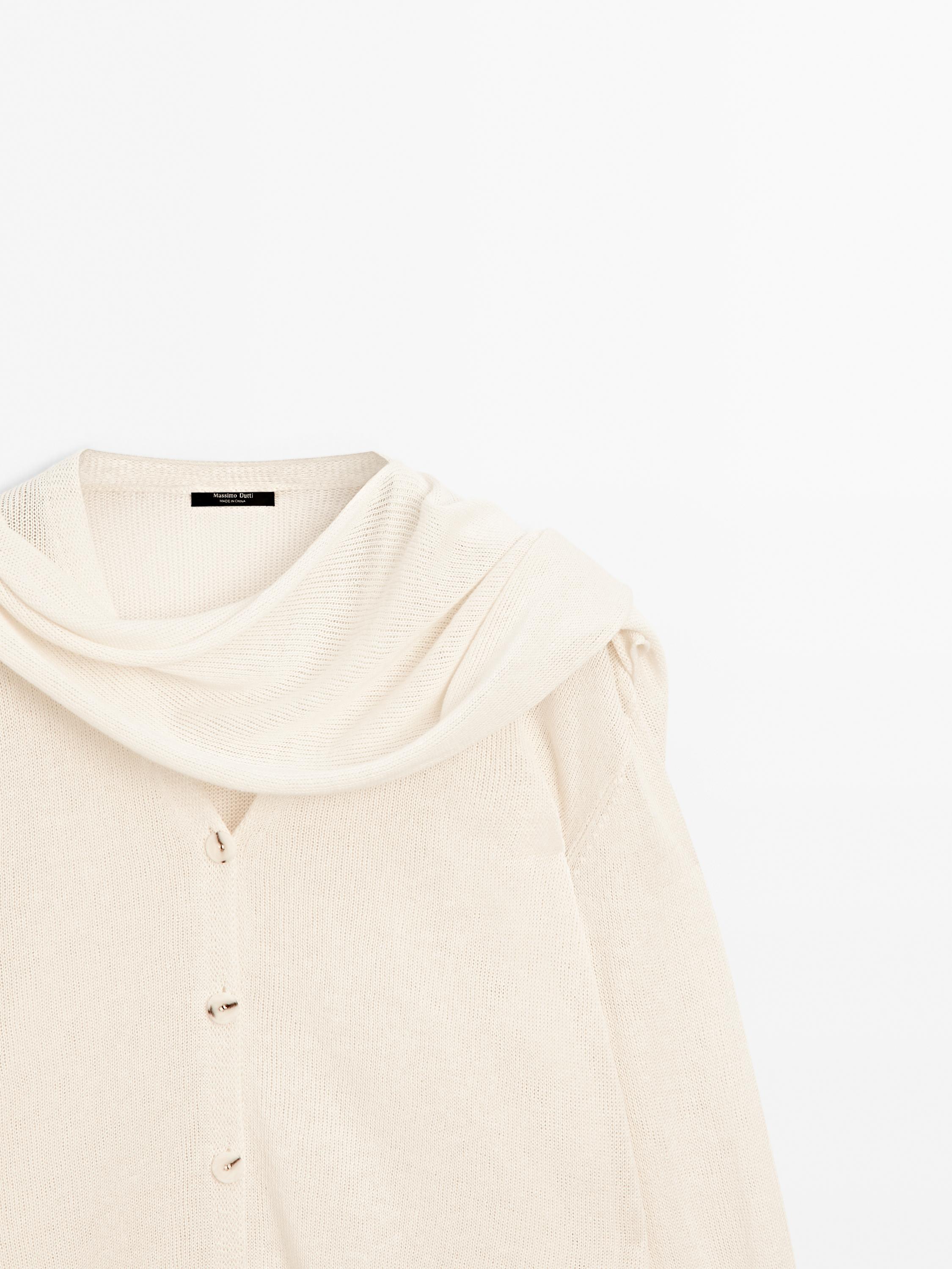 Linen blend knit cardigan with scarf