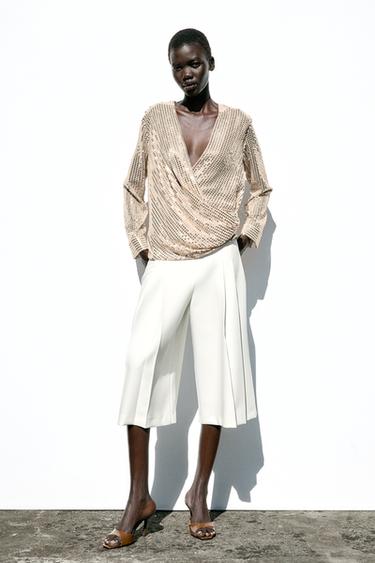 Zara SEQUIN WRAP BLOUSE - Gold - Image 0