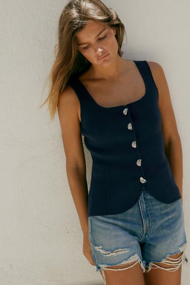 Zara PLAIN KNIT CORSET TOP - Navy blue