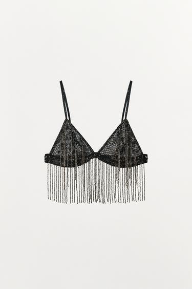 BEADED FRINGE BRA - Black by Zara