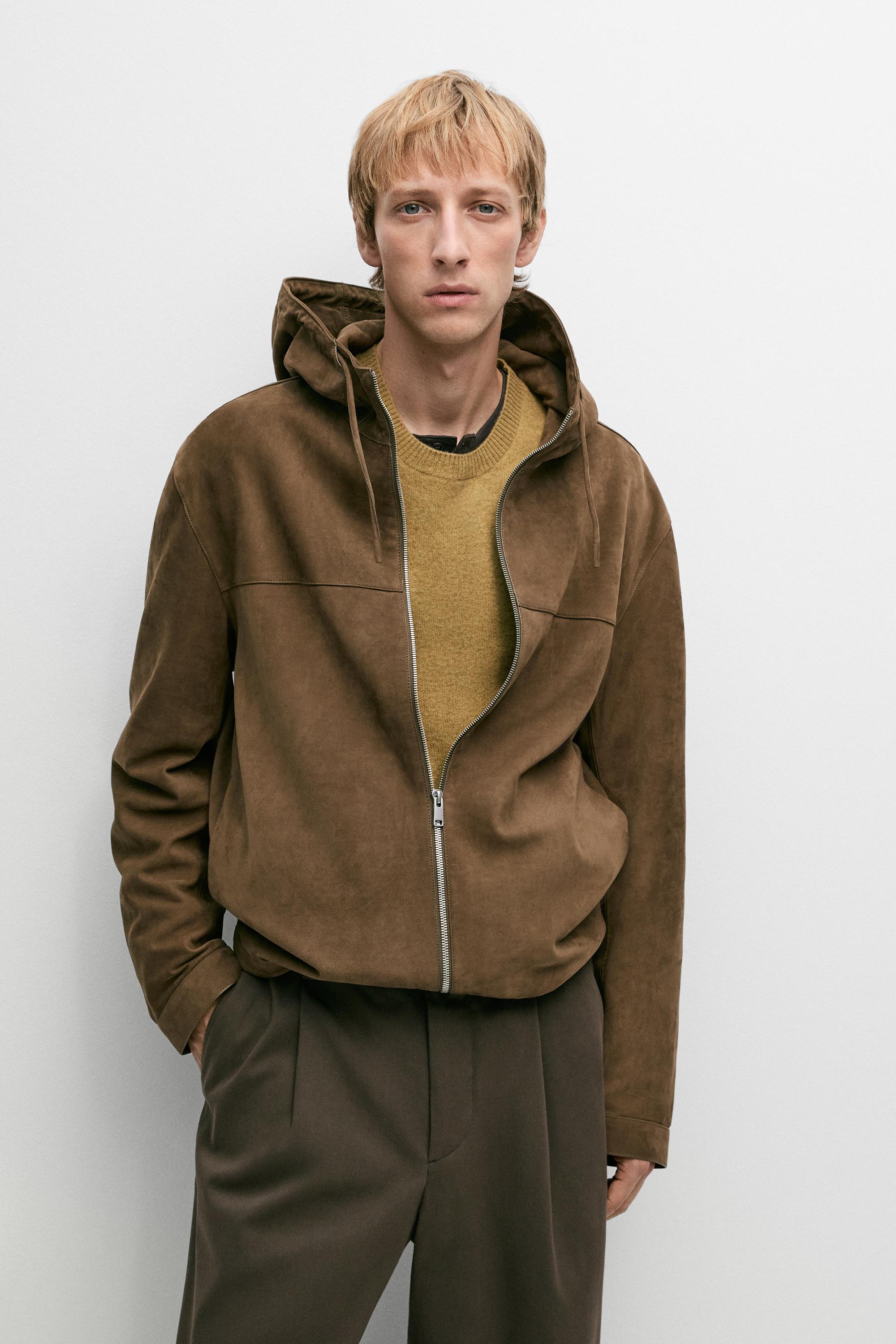 Veste en cuir daim à capuche