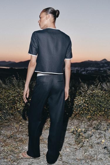 STRAIGHT-LEG LINEN BLEND TROUSERS WITH CONTRAST WAIST - Navy blue by Zara